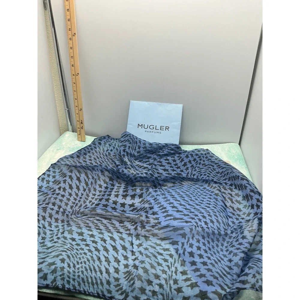 Mugler Parfums Blue Black Star Print Sheer Square Scarf with Original Sleeve